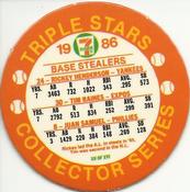 1986 7-Eleven Triple Stars Coins: East Region #XII Rickey Henderson / Tim Raines / Juan Samuel Back