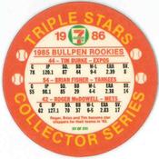 1986 7-Eleven Triple Stars Coins: East Region #XV Tim Burke / Brian Fisher / Roger McDowell Back
