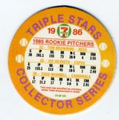 1986 7-Eleven Triple Stars Coins: Southeast Region #XV Tom Browning / Joe Hesketh / Todd Worrell Back