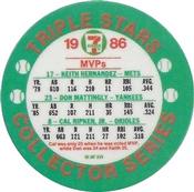 1986 7-Eleven Triple Stars Coins: West Region #III Keith Hernandez / Don Mattingly / Cal Ripken, Jr. Back