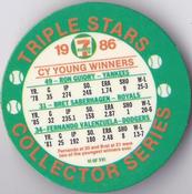 1986 7-Eleven Triple Stars Coins: West Region #VI Ron Guidry / Bret Saberhagen / Fernando Valenzuela Back