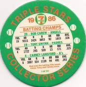 1986 7-Eleven Triple Stars Coins: West Region #X Rod Carew / Tony Gwynn / Carney Lansford Back