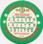 1986 7-Eleven Triple Stars Coins: West Region #XIII Chris Brown / Ivan Calderon / Mariano Duncan Back