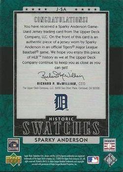 2003 SP Legendary Cuts - Historic Swatches Green #J-SA Sparky Anderson Back