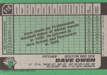 1991 Bowman #110 Dave Owen Back