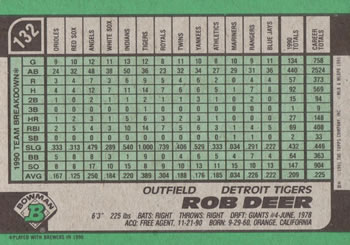 1991 Bowman #132 Rob Deer Back