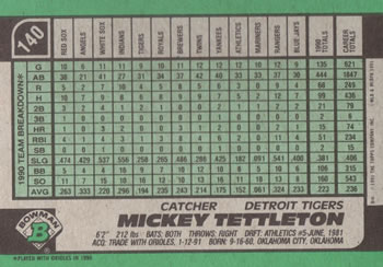1991 Bowman #140 Mickey Tettleton Back