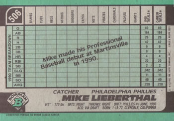 1991 Bowman #506 Mike Lieberthal Back