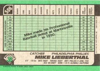 1991 Bowman #506 Mike Lieberthal Back