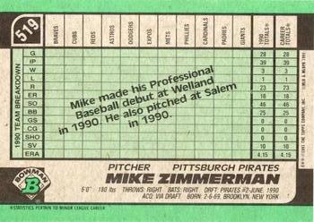 1991 Bowman #519 Mike Zimmerman Back