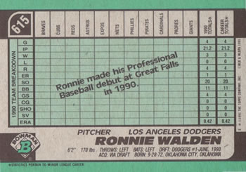 1991 Bowman #615 Ronnie Walden Back