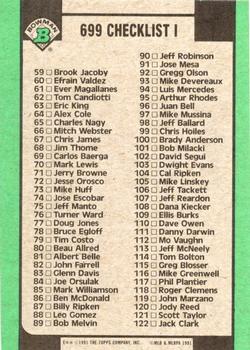 1991 Bowman #699 Checklist I: 1-122 Back