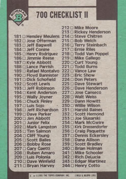 1991 Bowman #700 Checklist II: 123-244 Back