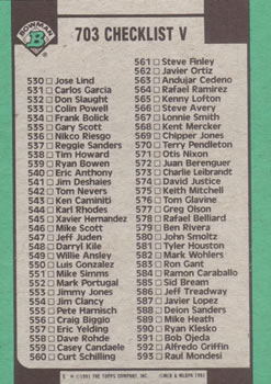 1991 Bowman #703 Checklist V: 472-593 Back