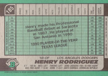 1991 Bowman #185 Henry Rodriguez Back