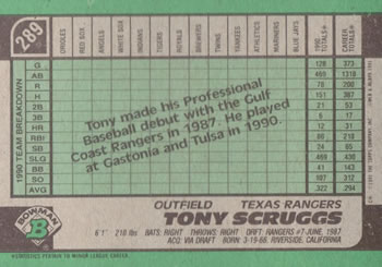 1991 Bowman #289 Tony Scruggs Back