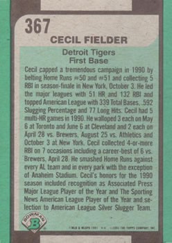 1991 Bowman #367 Cecil Fielder Back