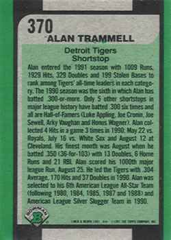 1991 Bowman #370 Alan Trammell Back