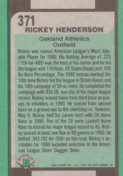 1991 Bowman #371 Rickey Henderson Back
