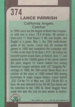 1991 Bowman #374 Lance Parrish Back