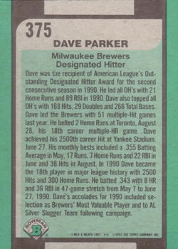 1991 Bowman #375 Dave Parker Back