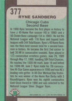 1991 Bowman #377 Ryne Sandberg Back