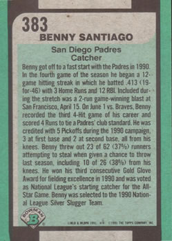 1991 Bowman #383 Benny Santiago Back