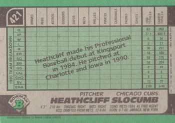 1991 Bowman #421 Heathcliff Slocumb Back