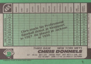 1991 Bowman #465 Chris Donnels Back