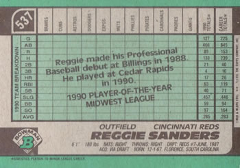 1991 Bowman #537 Reggie Sanders Back