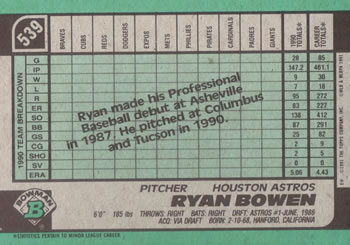 1991 Bowman #539 Ryan Bowen Back