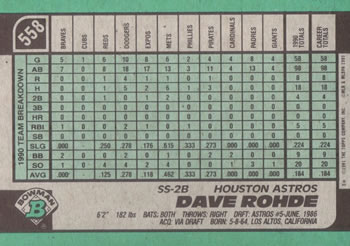 1991 Bowman #558 Dave Rohde Back