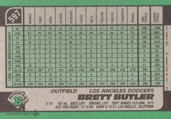 1991 Bowman #597 Brett Butler Back
