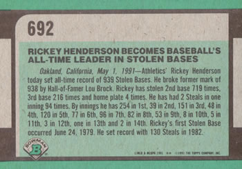 1991 Bowman #692 Rickey Henderson Back