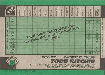 1991 Bowman #332 Todd Ritchie Back