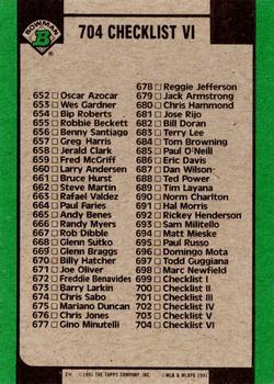 1991 Bowman #704 Checklist VI: 594-704 Back