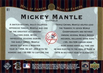 2001 Upper Deck Hall of Famers #61 Mickey Mantle Back