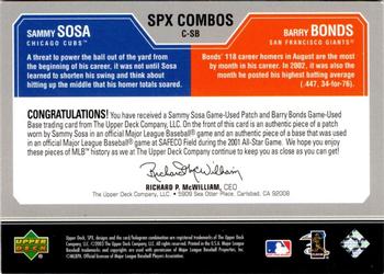 2003 SPx - Game Used Combos #C-SB Sammy Sosa / Barry Bonds Back