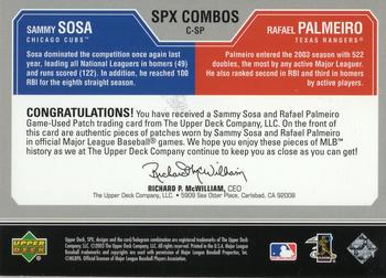 2003 SPx - Game Used Combos #C-SP Sammy Sosa / Rafael Palmeiro Back