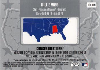 2003 Stadium Club - Born in the USA Relics #USA-WM Willie Mays Back