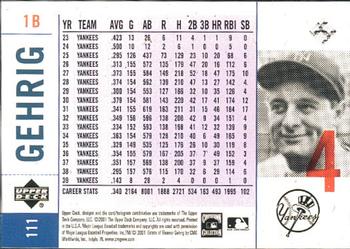 2001 Upper Deck Legends of New York #111 Lou Gehrig Back