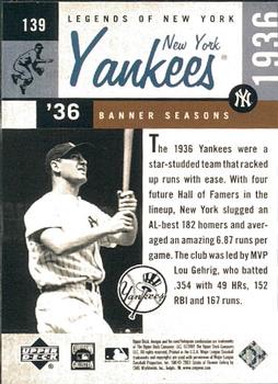 2001 Upper Deck Legends of New York #139 Lou Gehrig Back
