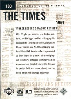 2001 Upper Deck Legends of New York #183 Joe DiMaggio Back