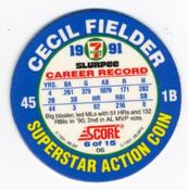 1991 Score 7-Eleven Superstar Action Coins: Florida Region #6 OG Cecil Fielder Back