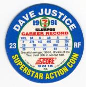 1991 Score 7-Eleven Superstar Action Coins: Florida Region #9 OG Dave Justice Back