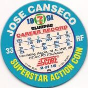 1991 Score 7-Eleven Superstar Action Coins: Northern California Region #2 HG Jose Canseco Back