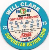 1991 Score 7-Eleven Superstar Action Coins: Northern California Region #3 HG Will Clark Back