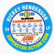 1991 Score 7-Eleven Superstar Action Coins: Northern California Region #7 HG Rickey Henderson Back