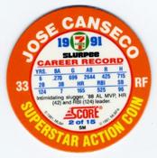 1991 Score 7-Eleven Superstar Action Coins: Northwest Region #2 SM Jose Canseco Back