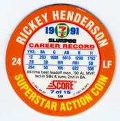 1991 Score 7-Eleven Superstar Action Coins: Northwest Region #7 SM Rickey Henderson Back